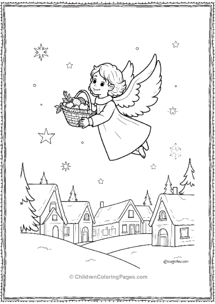 Angels On Christmas Flying Over Snowy Village With Basket Of Fruit Free PDF Printable