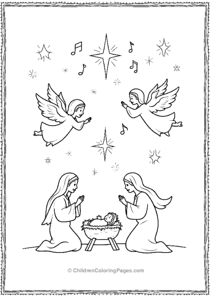 Angels Singing Above The Nativity Scene Free PDF Printable