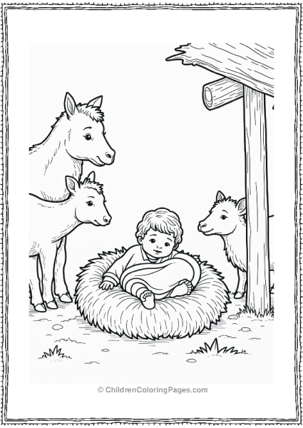 Baby Jesus Surrounded By Animals Free PDF Printable