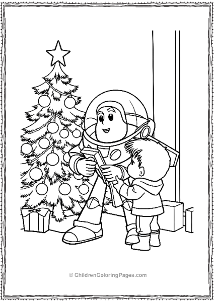 Buzz Lightyear Giving A Christmas Present To A Boy Free PDF Printable