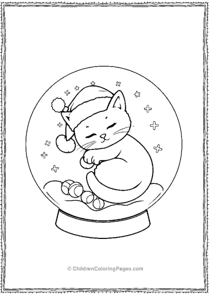 Cartoon Cat In A Santa Hat Featuring A Snow Globe Free PDF Printable