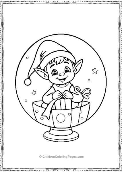 Cartoon Elf Wrapping Gifts Featuring A Snow Globe Free PDF Printable