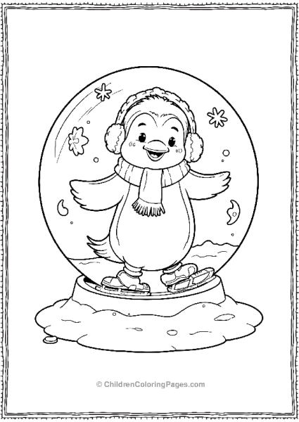 Cartoon Penguin Skating Featuring A Snow Globe Free PDF Printable