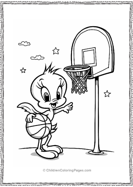 Cheerful Tweety Bird Playing Basketball Free PDF Printable