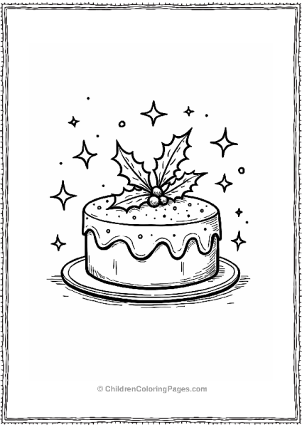 Christmas Cake With Holly And Snowflakes Free PDF Printable