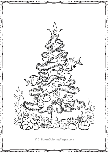 Christmas Tree Decorated With Sea Shells And Fish Free PDF Printable