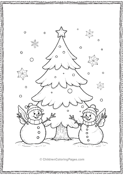 Christmas Tree Surrounded By Happy Snow Man Free PDF Printable