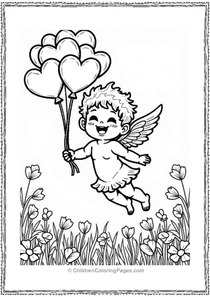 Cupid With Heart Balloons In A Flower Field Free PDF Printable