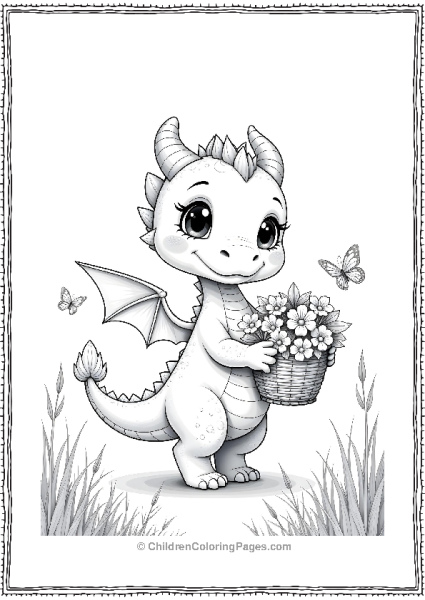 Cute Dragon Carrying Flowers In A Basket Free PDF Printable