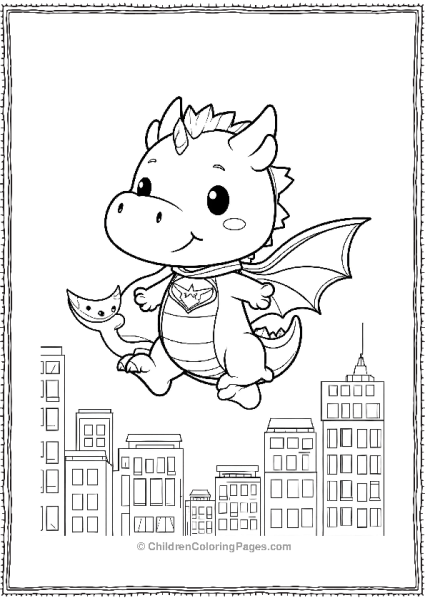 Cute Dragon Superhero Flying Over The City  Free PDF Printable