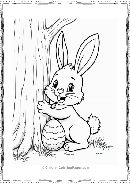 Easter Bunny Hiding An Egg Behind A Tree Free PDF Printable