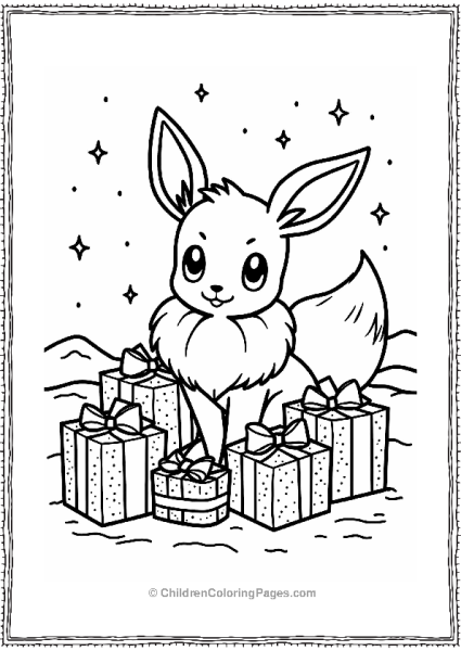 Eevee With Christmas Gifts In A Snowy Landscape Free PDF Printable