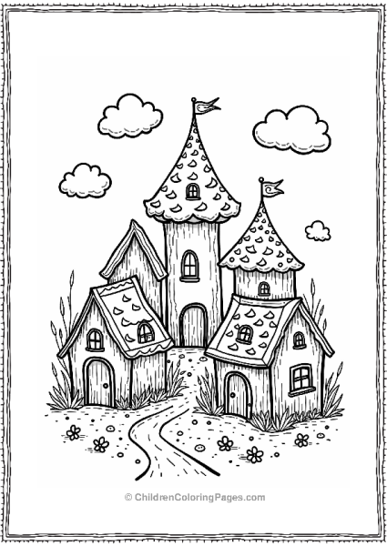 Fantasy Cake Village Coloring Page Free PDF Printable