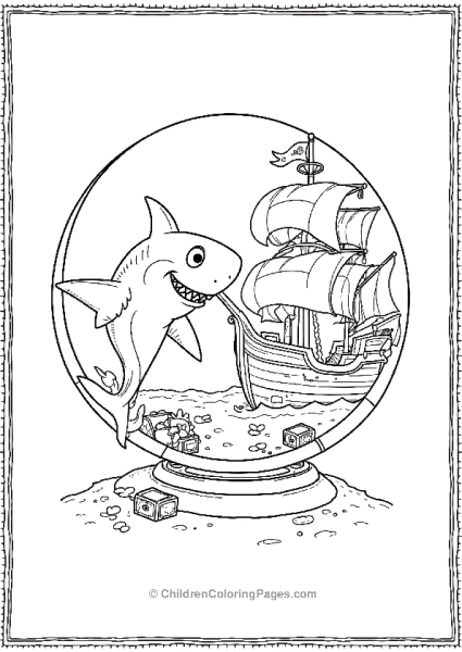 Friendly Shark Swimming Near Sunken Ship Featuring A Snow Globe Free PDF Printable