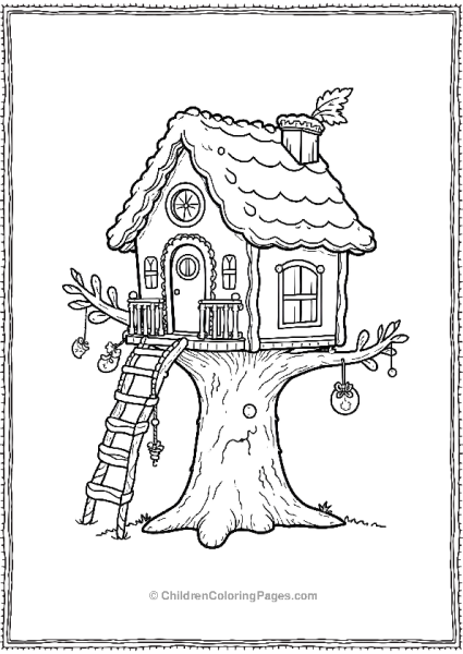 Gingerbread House On A Tree With Ladder And Ornaments Free PDF Printable