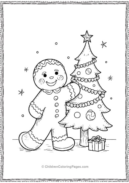 Gingerbread Man Decorating A Small Christmas Tree Free PDF Printable