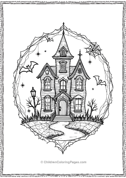 Halloween Mandala Haunted House With Cobwebs And Bats Free PDF Printable