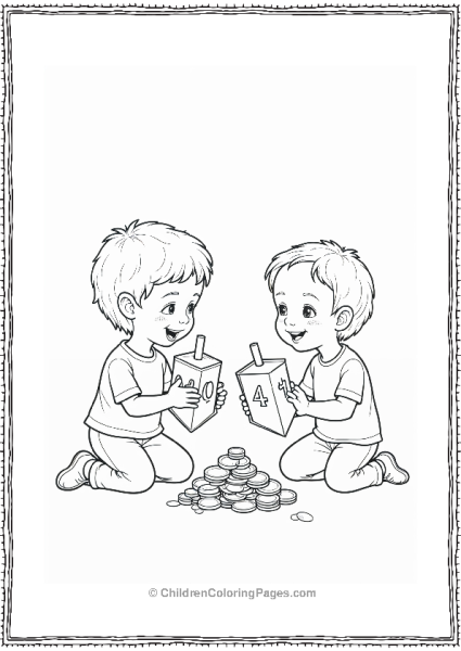 Hannukah Children Playing Dreidel Game With Coins Free PDF Printable