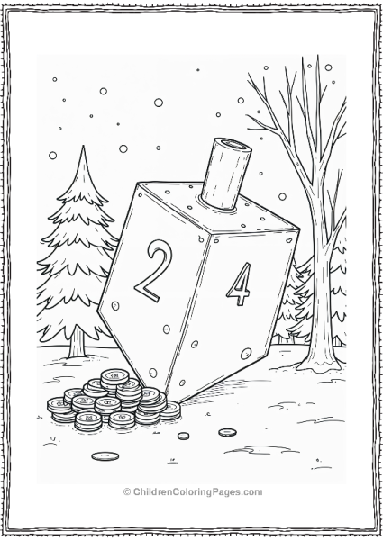 Hannukah Dreidel In Snowy Scene With Coins Free PDF Printable