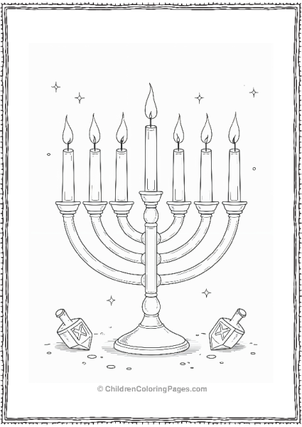 Hannukah Menorah With Lit Candles And Dreidels Free PDF Printable