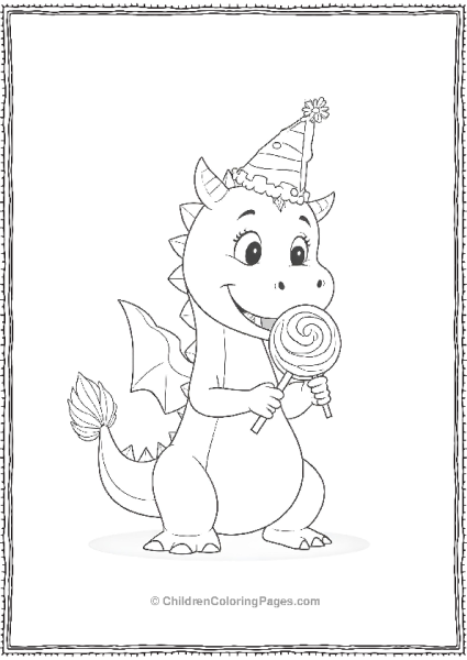 Happy Dragon With Lollipop And Party Hat Free PDF Printable