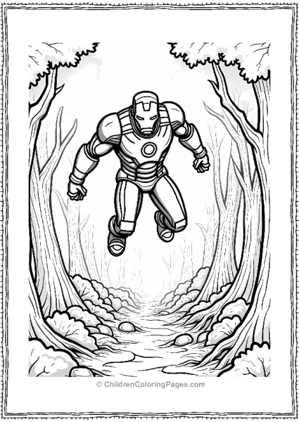 Iron Man Flying Over A Cartoon Forest Free PDF Printable