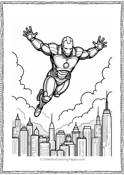 Iron Man Flying Over A City Free PDF Printable