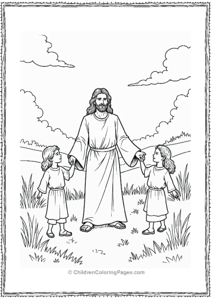 Jesus With Children Playing In A Meadow Free PDF Printable