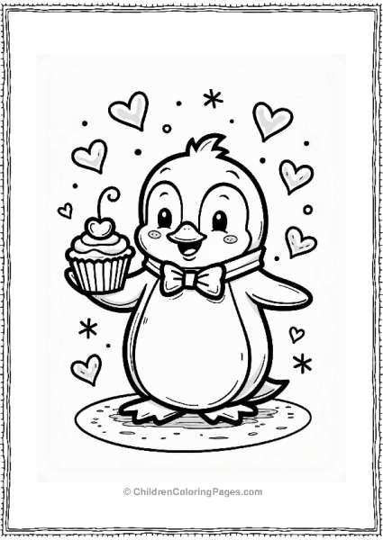 Joyful Penguin With Cupcake On Valentine’s Day Free PDF Printable