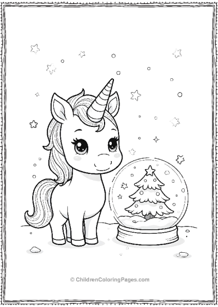 Kawaii Baby Unicorn In A Snowy Scene Featuring A Snow Globe Free PDF Printable