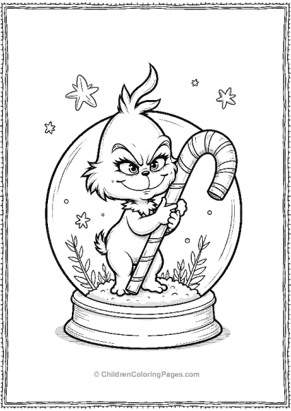 Kawaii Grinch Holding A Candy Cane Featuring A Snow Globe Free PDF Printable