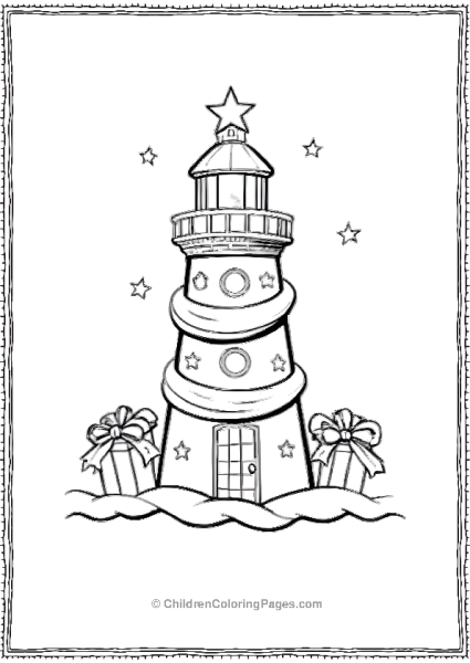 Lighthouse With Christmas Presents Stars And Christmas Lights Free PDF Printable