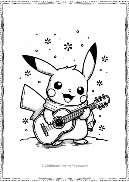 Pikachu Playing Guitar In A Festive Winter Scene Free PDF Printable