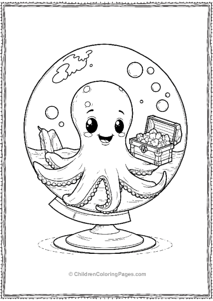 Playful Octopus Holding A Treasure Chest Featuring A Snow Globe Free PDF Printable