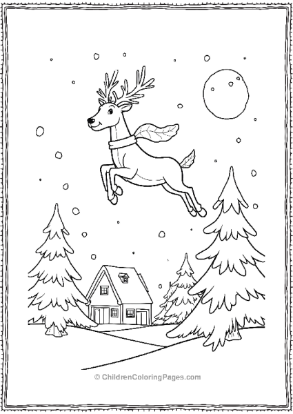 Rudolph Flying Over Snowy Village At Night Free PDF Printable