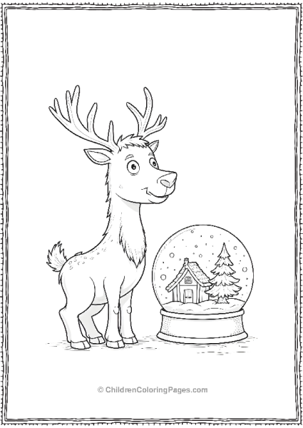 Rudolph Looking At Snow Globe With House And Tree Free PDF Printable