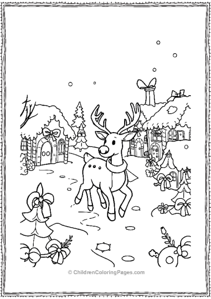 Rudolph Walking Through Gingerbread Village Free PDF Printable