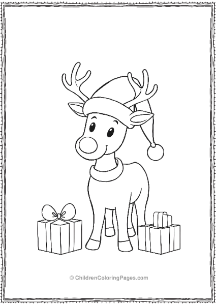 Rudolph With Presents And Santa Hat Free PDF Printable