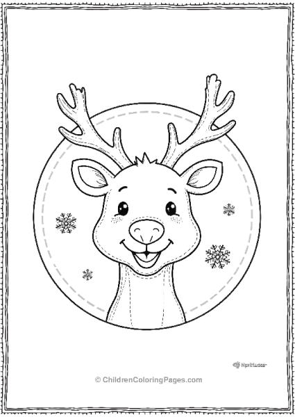 Rudolphs Cheerful Face In A Circular Frame Surrounded By Snowflakes Free PDF Printable