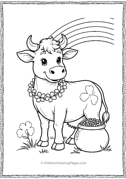 Saint Patrick’s Day Cow With Shamrock Garland And Pot Of Gold Free PDF Printable