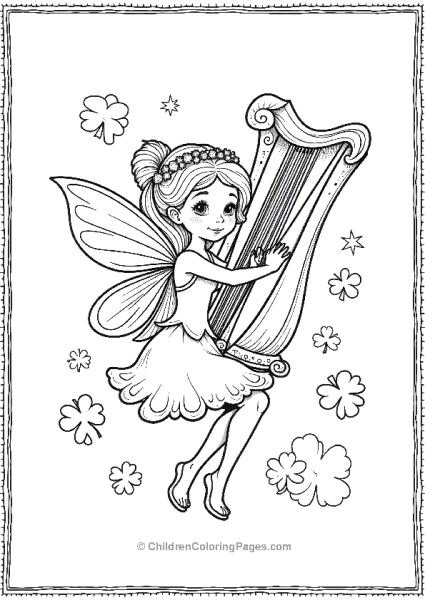 Saint Patrick’s Fairy Playing Harp With Clovers Free PDF Printable