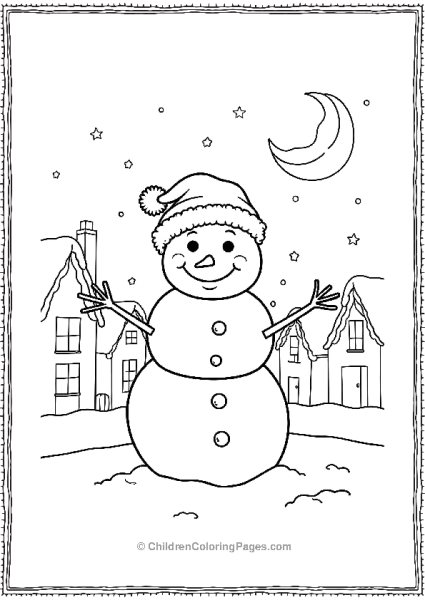 Smiling Snowman Under A Crescent Moon With Snow Free PDF Printable