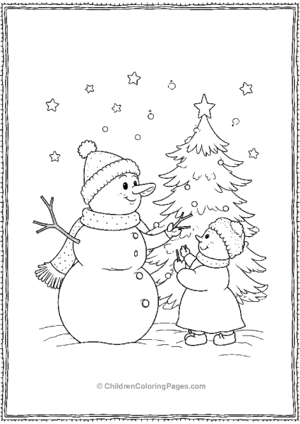 Snowman Family Decorating A Small Pine Tree Free PDF Printable