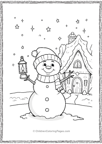 Snowman Holding A Glowing Lantern In A Frozen Forest Free PDF Printable