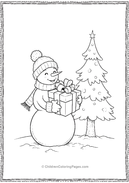 Snowman Holding A Wrapped Gift With A Large Bow Free PDF Printable