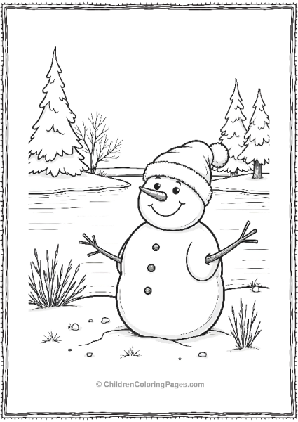 Snowman Sitting Peacefully Beside A Frozen Lake Free PDF Printable