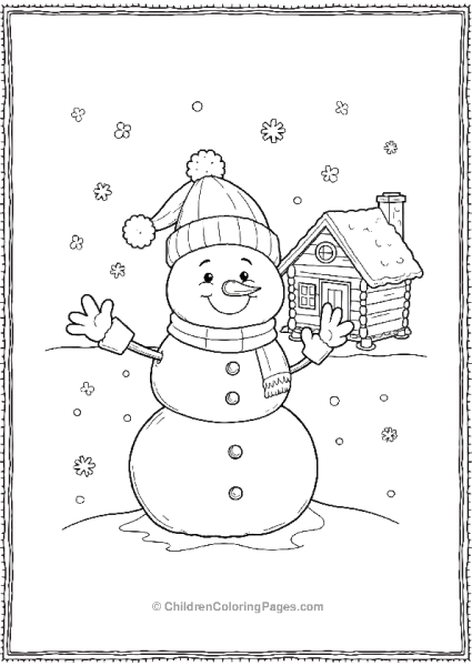 Snowman Waving With One Arm And A Cozy Cabin Free PDF Printable