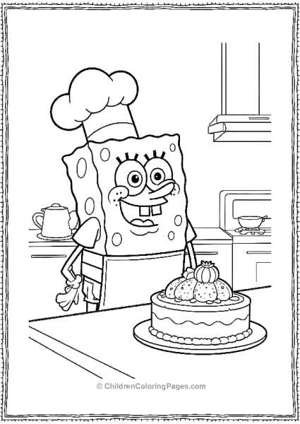 SpongeBob Baking A Cake In His Kitchen Wearing An Apron Free PDF Printable