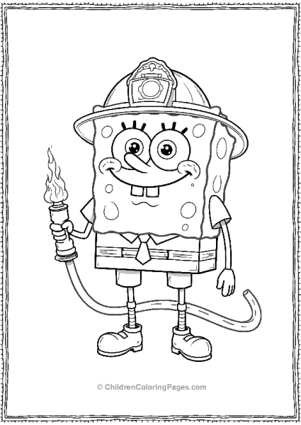 SpongeBob Dressed As A Firefighter Holding A Hose Free PDF Printable