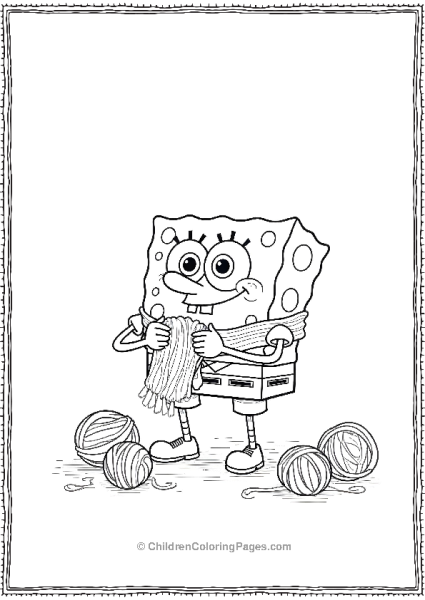 SpongeBob Knitting A Scarf With Yarn Balls Scattered Free PDF Printable